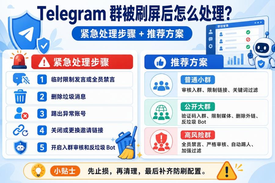Telegram 群被刷屏后的紧急处理步骤和不同群组推荐防刷方案